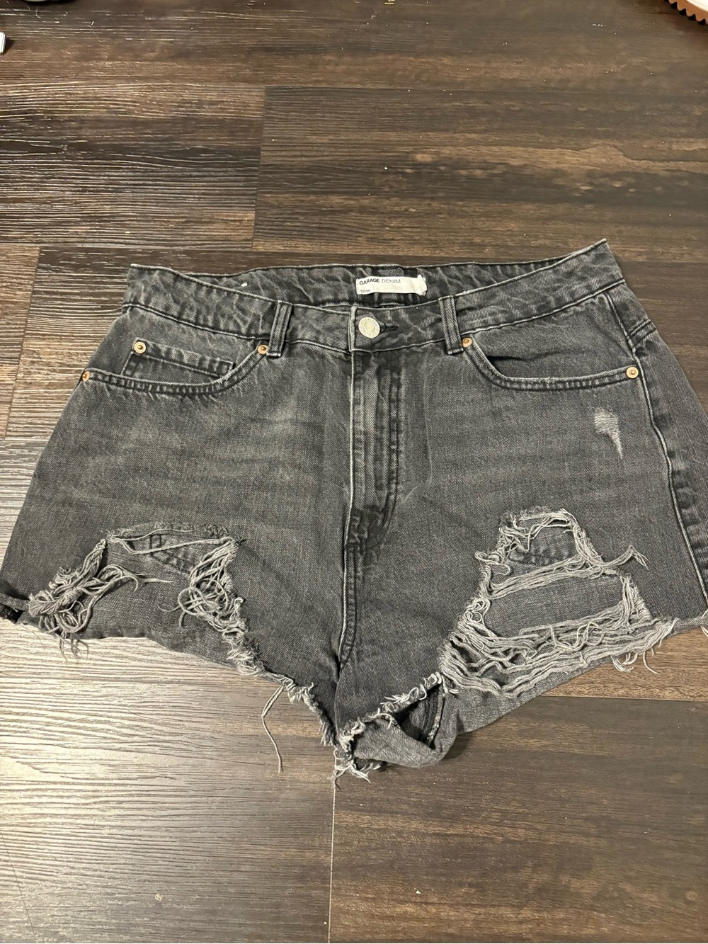 Garage Washed Black Distressed High-Rise Festival Denim Shorts